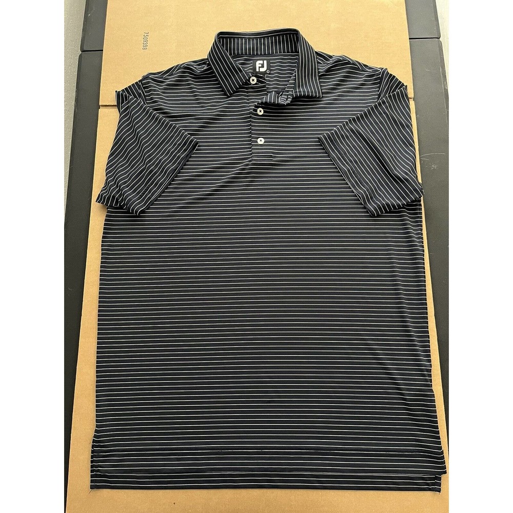 Footjoy Large Adult Polo Shirt Golf Performance Dark Blue Striped Sports Mens